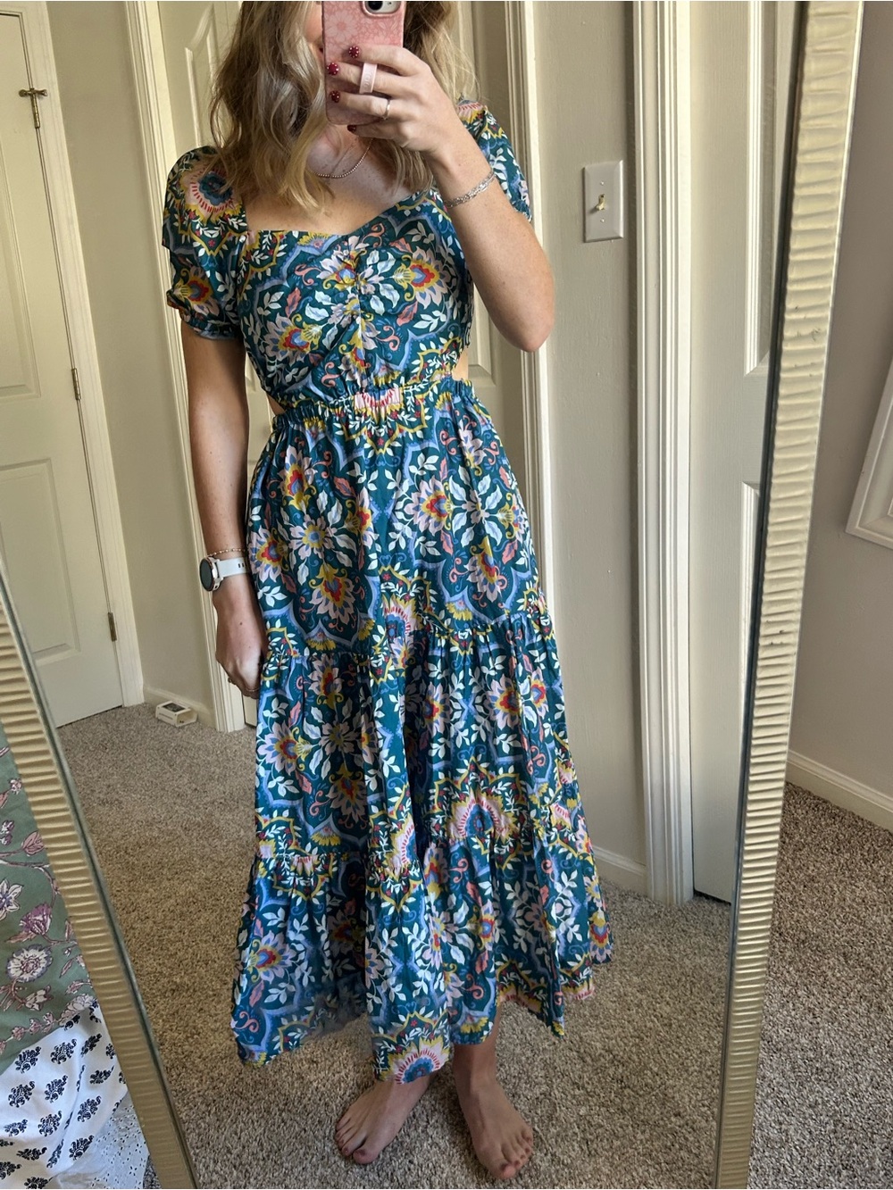 Boden Blue Floral Puff-Sleeve Tiered Maxi Dress